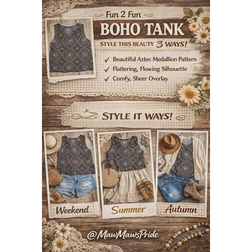 Fun 2 Fun Boho Tank Top Sheer V-Neck Overlay Sleeveless Blouse Aztek 1XL